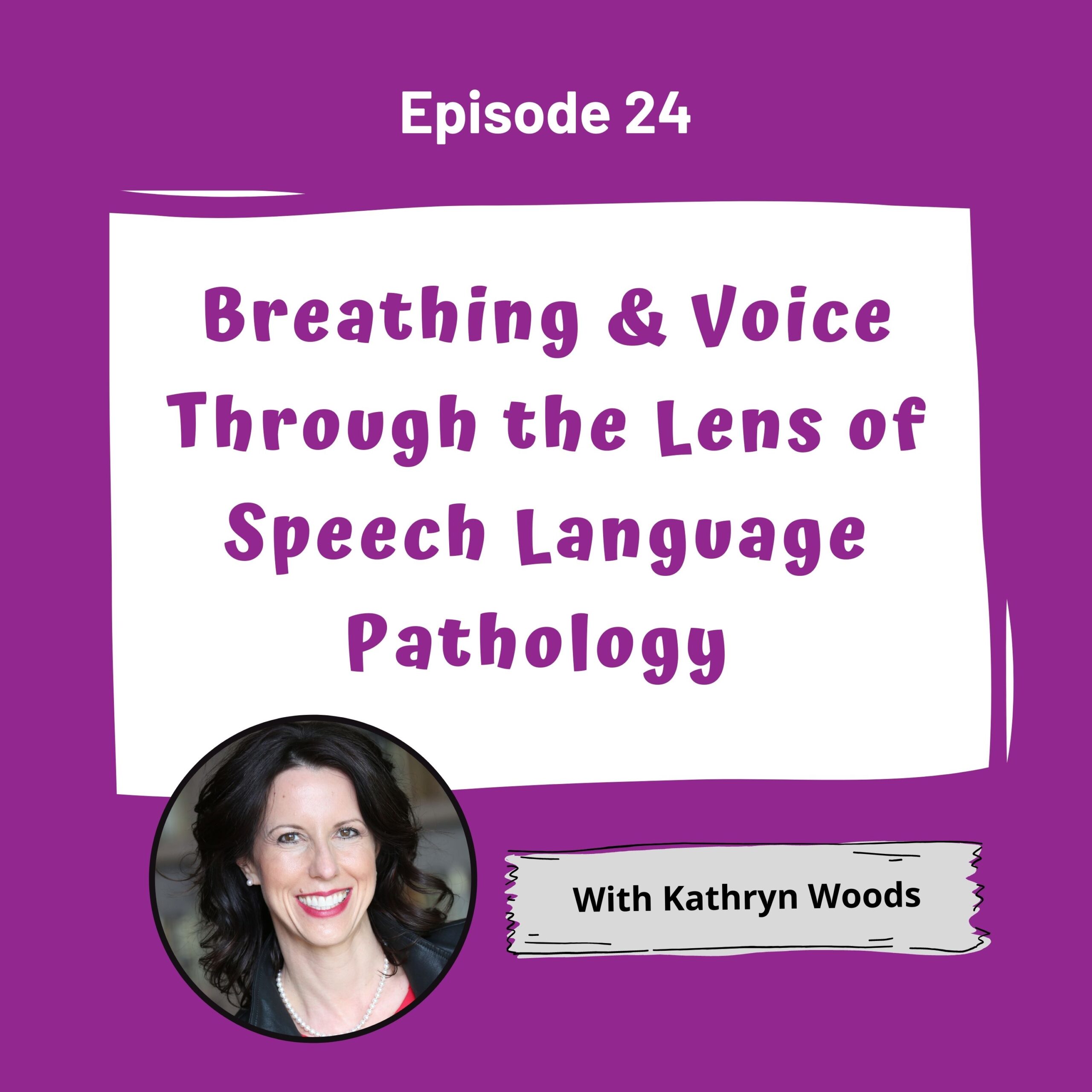 Purple background with a microphone on the bottom with a callout in the middle with the words breathing and voice through the lens of speech language pathology with Kathryn Woods. A woman's headshot is on the bottom left hand corner in a circle.