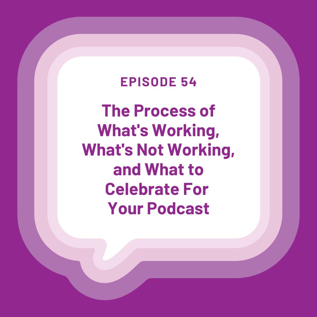 Purple background with a white speech bubble. In the speech bubble are the words "Episode 54 The Process of What's Working, What's Not Working, and What to Celebrate For Your Podcast"