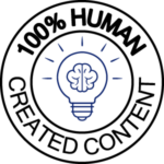 ‘No AI’ badges to let you know your content is human-crafted. This circle badge is black and white with the words 100% human created content encirling a lightbulb with the brain in the middle.