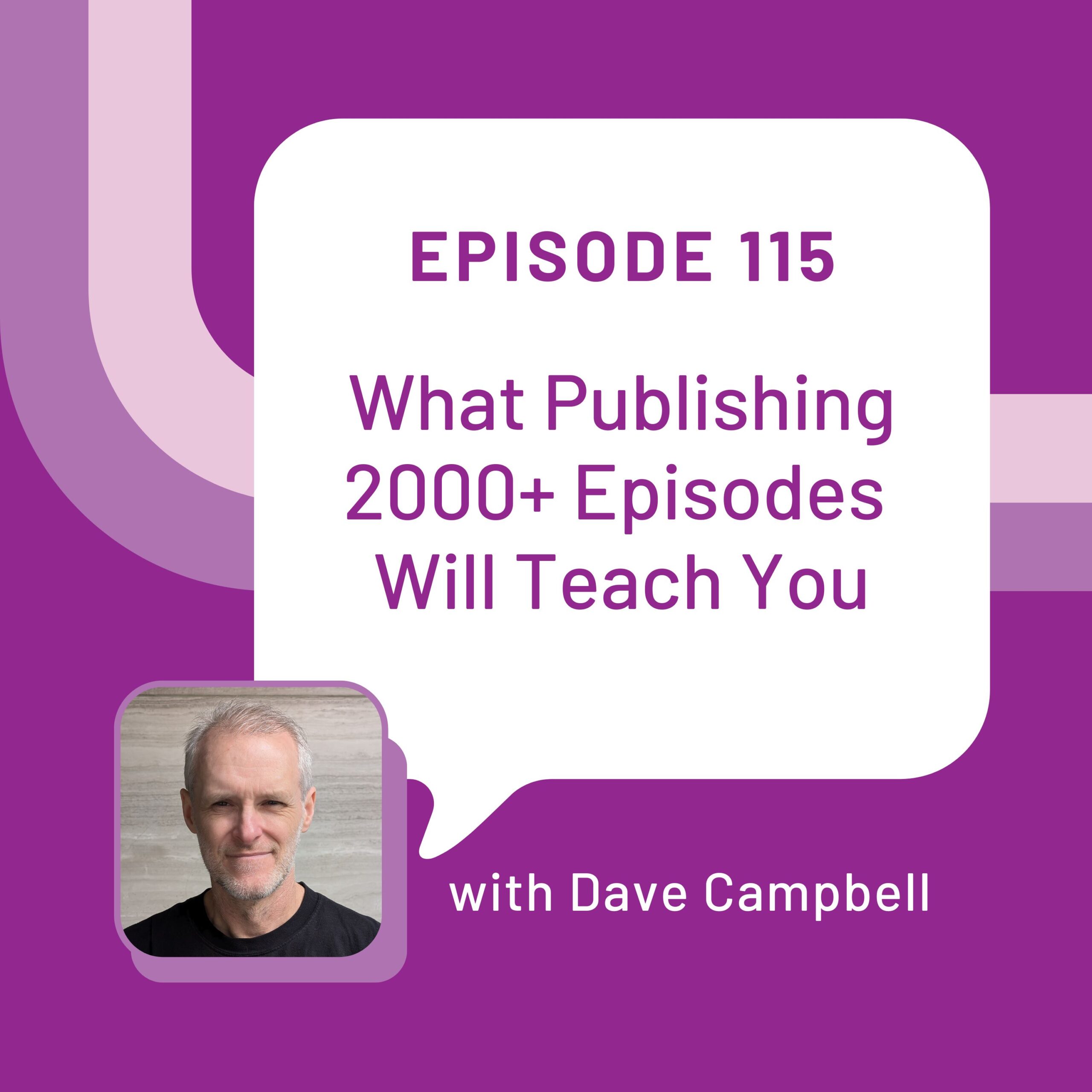 Episode 115 graphic with Dave Campbell on the bottom left hand corner. The episode title "What Publishing 2000+ Episodes Will Teach You" is in the white word bubble centered on the graphic with a purple background.